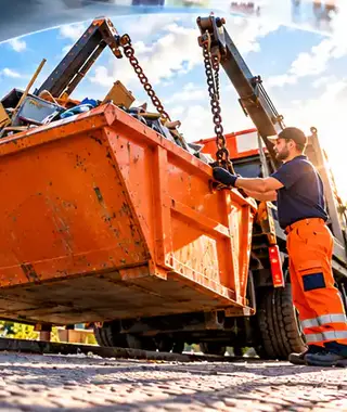Container mit Sperrmüll wird auf einen Lkw geladen