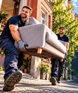 Zwei Helfer tragen ein Sofa aus dem Haus
