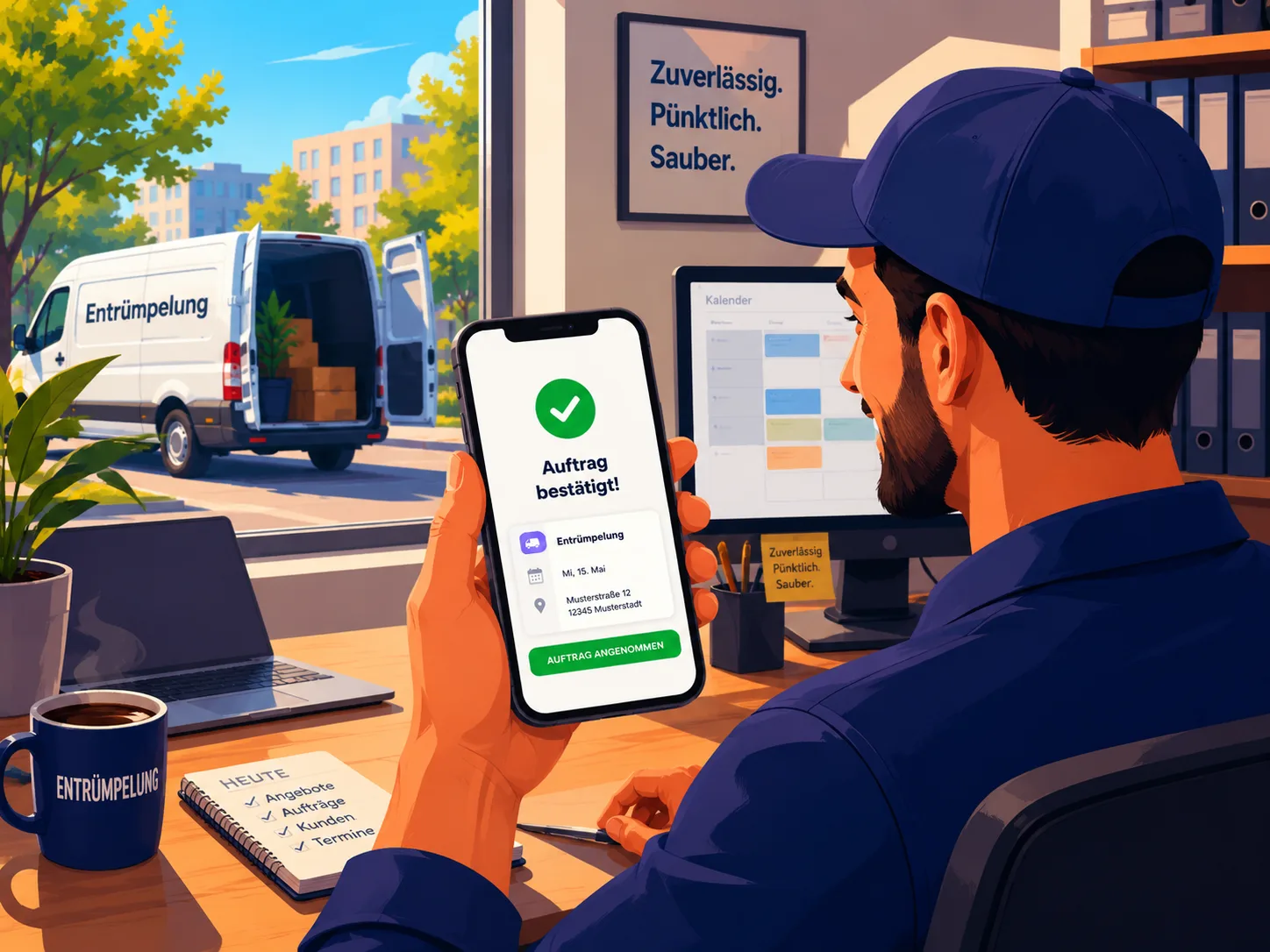 AWL-Partner bestätigt einen Entrümpelungsauftrag per App im Büro